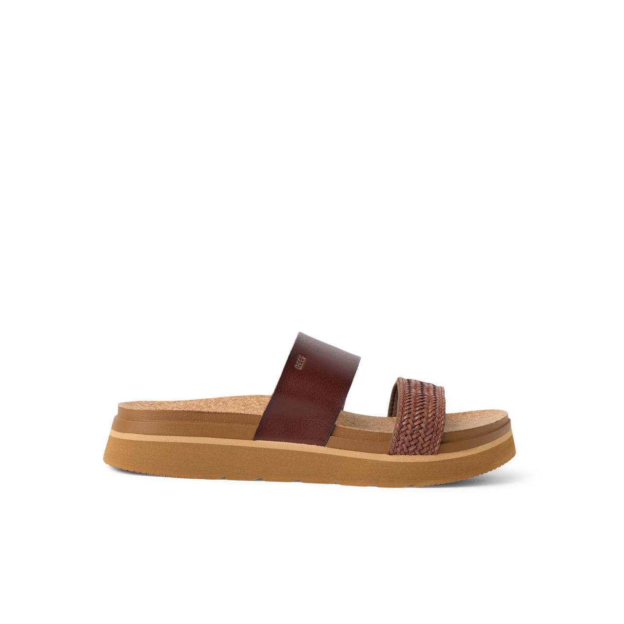 Vista Hi 2 sandal facing right with woven and smooth brown straps, enhanced arch support, and lightweight cushioned platform sole