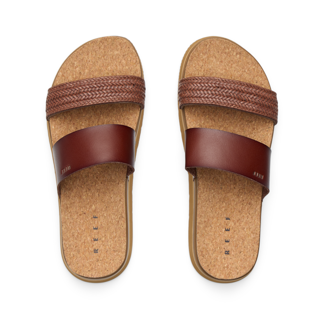 Vista Hi 2 sandals top view facing up showing brown braided and smooth vegan straps with cushioned cork footbed