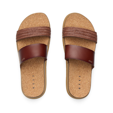 Vista Hi 2 sandals top view facing up showing brown braided and smooth vegan straps with cushioned cork footbed