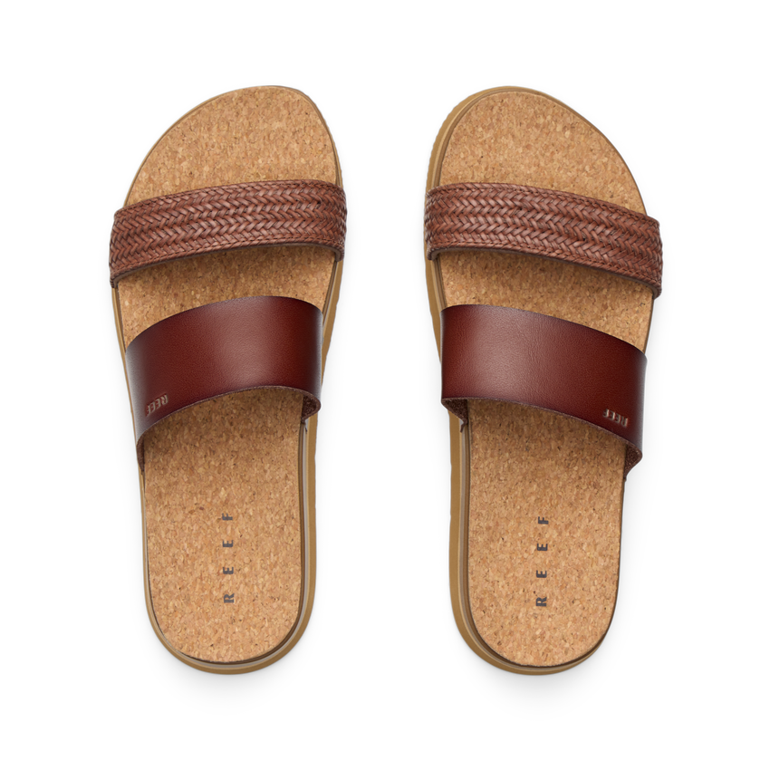 Vista Hi 2 sandals top view facing up showing brown braided and smooth vegan straps with cushioned cork footbed