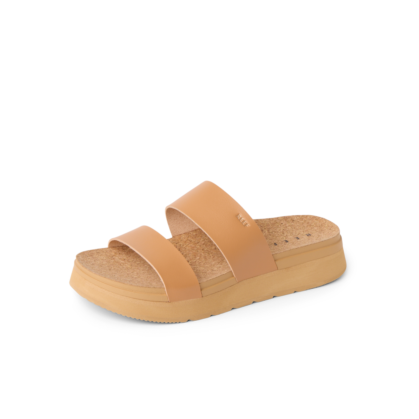 Vista Hi 2 sandal facing right with natural vegan straps, cushioned cork footbed, and lightweight tan platform for all-day comfort