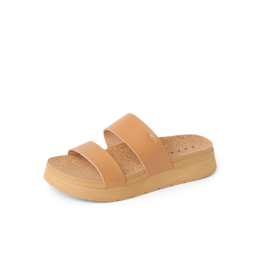 Vista Hi 2 sandal facing right with natural vegan straps, cushioned cork footbed, and lightweight tan platform for all-day comfort