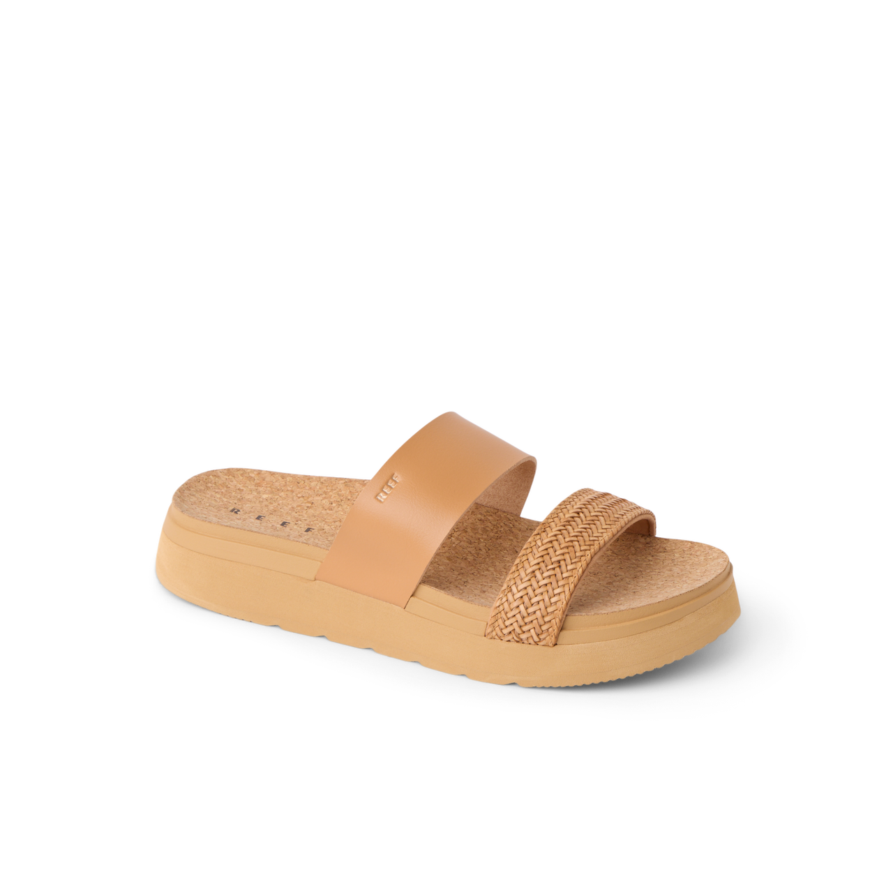 Vista Hi 2 sandal facing left showing natural tan smooth and braided vegan straps with cushioned, lightweight platform sole for comfort