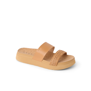 Vista Hi 2 sandal facing left showing natural tan smooth and braided vegan straps with cushioned, lightweight platform sole for comfort