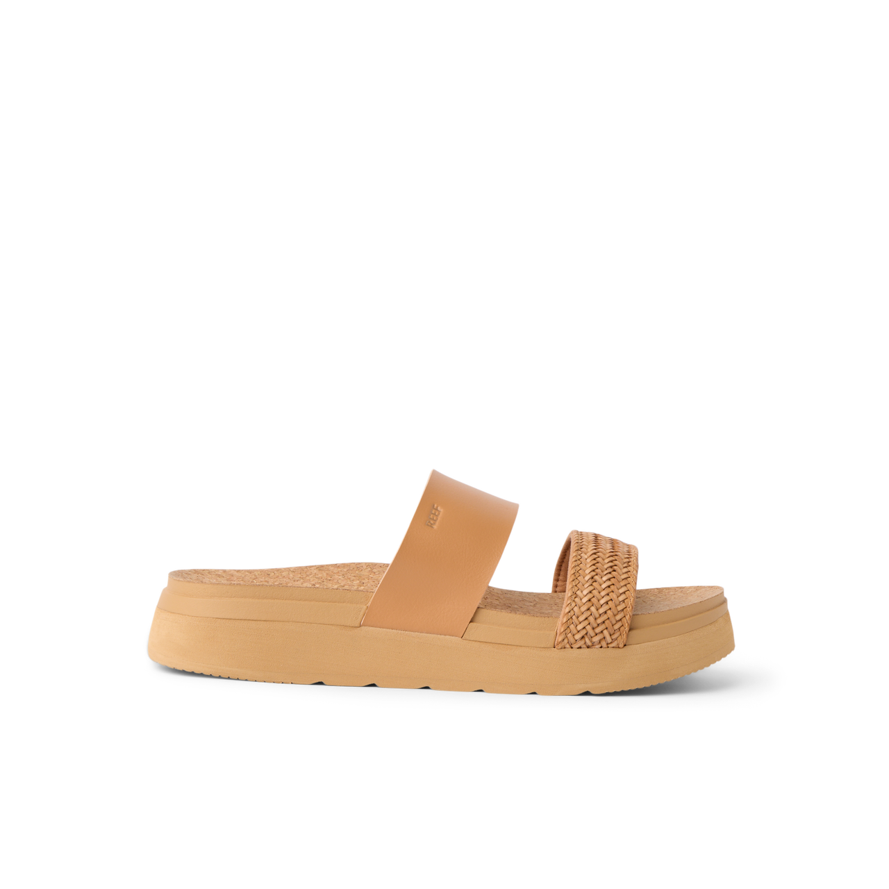 Vista Hi 2 sandal facing right with tan smooth and braided straps, cushioned platform, and enhanced arch support for comfort