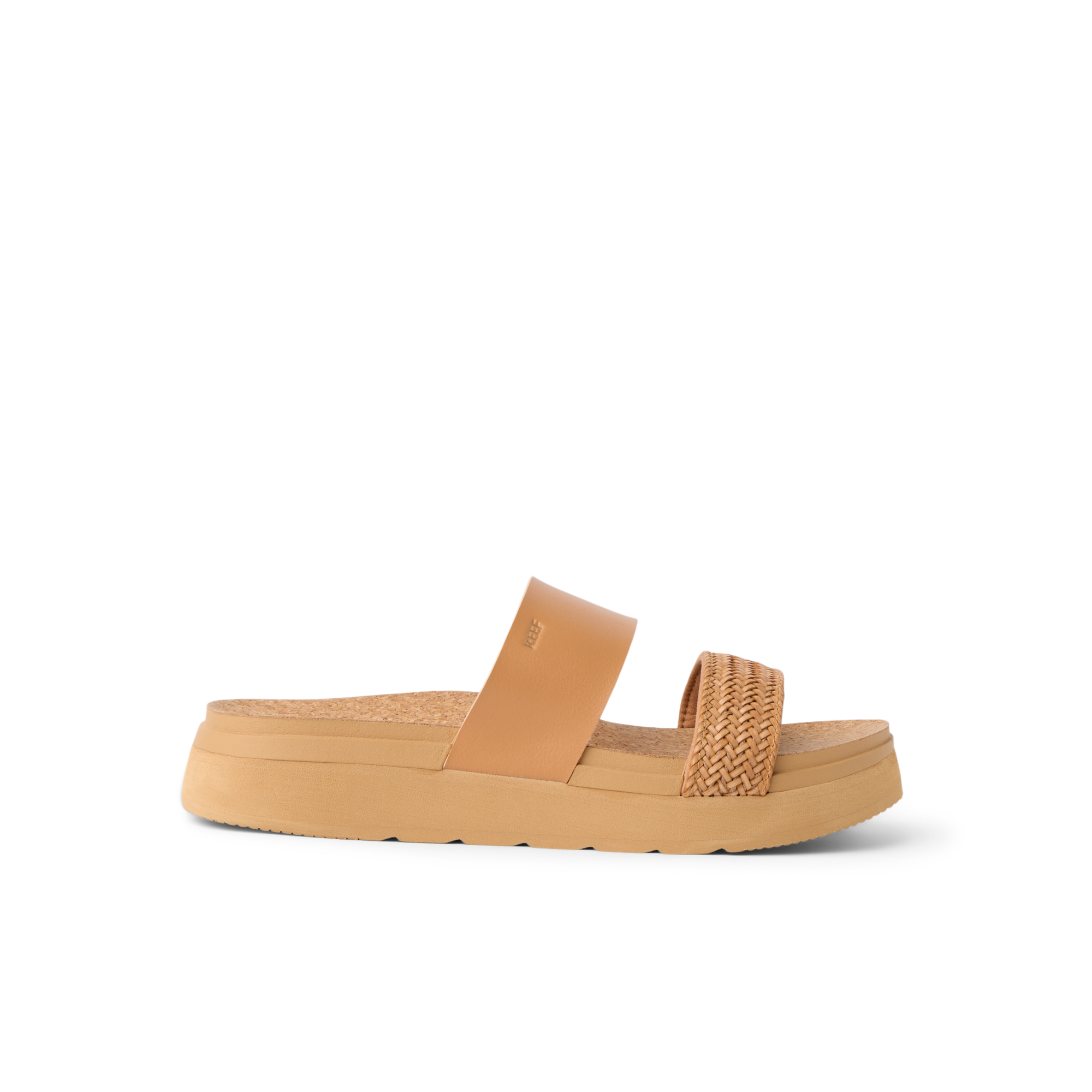 Vista Hi 2 sandal facing right with tan smooth and braided straps, cushioned platform, and enhanced arch support for comfort
