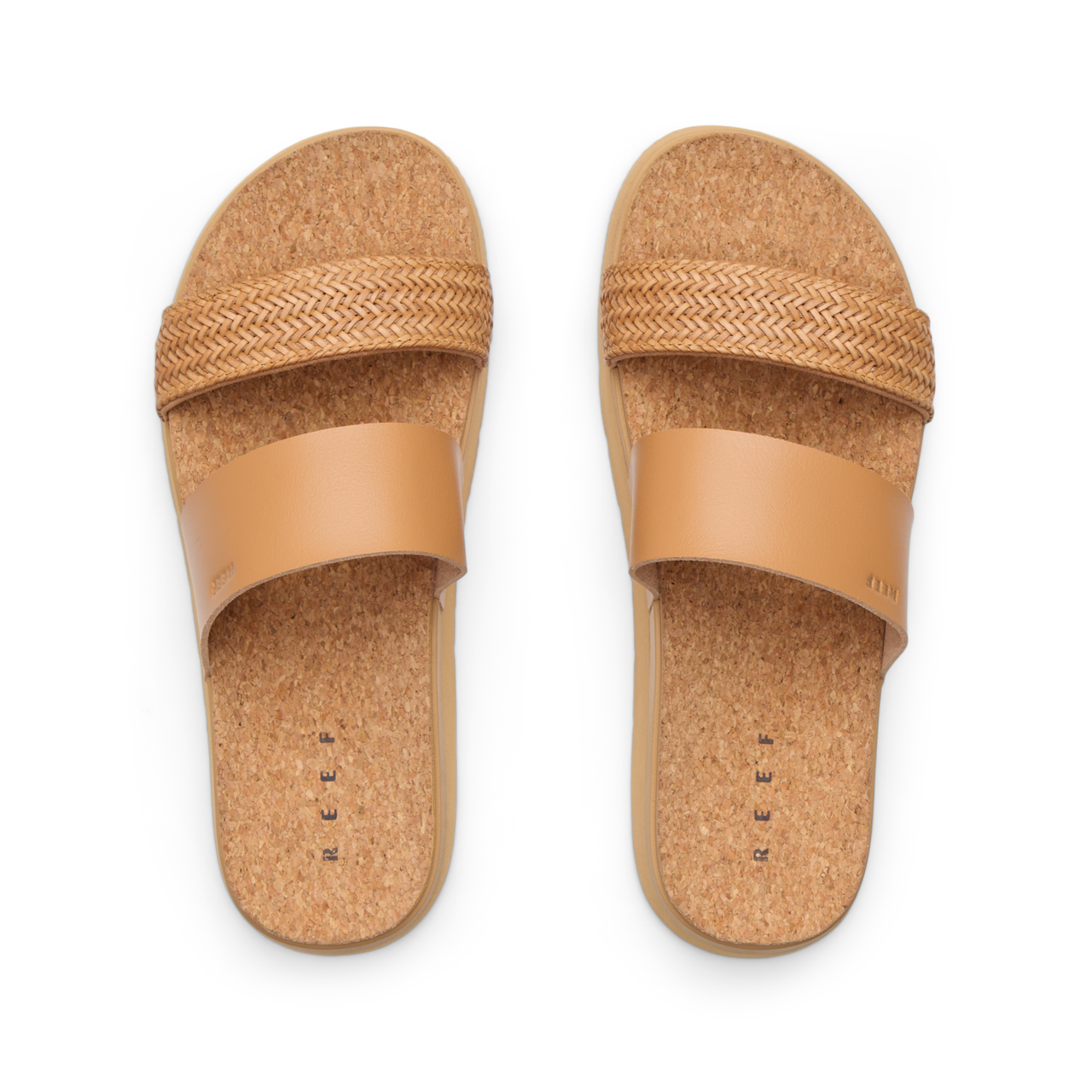 Vista Hi 2 sandals top view facing up, showing tan woven and smooth vegan straps with cushioned cork footbed for comfort