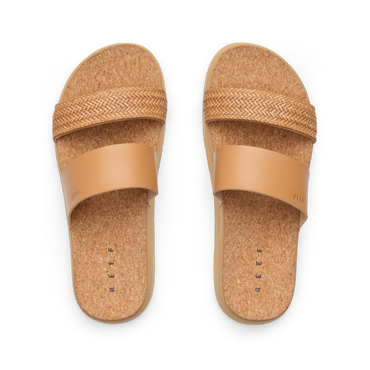 Vista Hi 2 sandals top view facing up, showing tan woven and smooth vegan straps with cushioned cork footbed for comfort