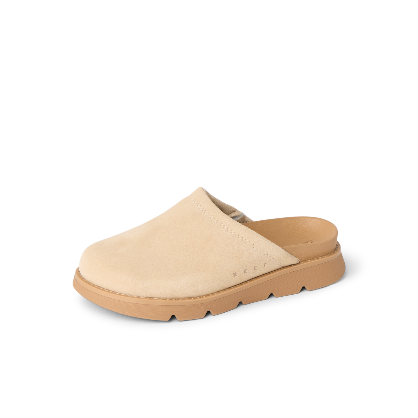 Vista Luxe Mariana clog facing left in warm sand suede with contoured footbed, designed for comfort and all-day wear.