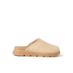 Vista Luxe Mariana clog in warm sand suede, left side view, showcasing closed-toe silhouette and contoured footbed for all-day comfort.
