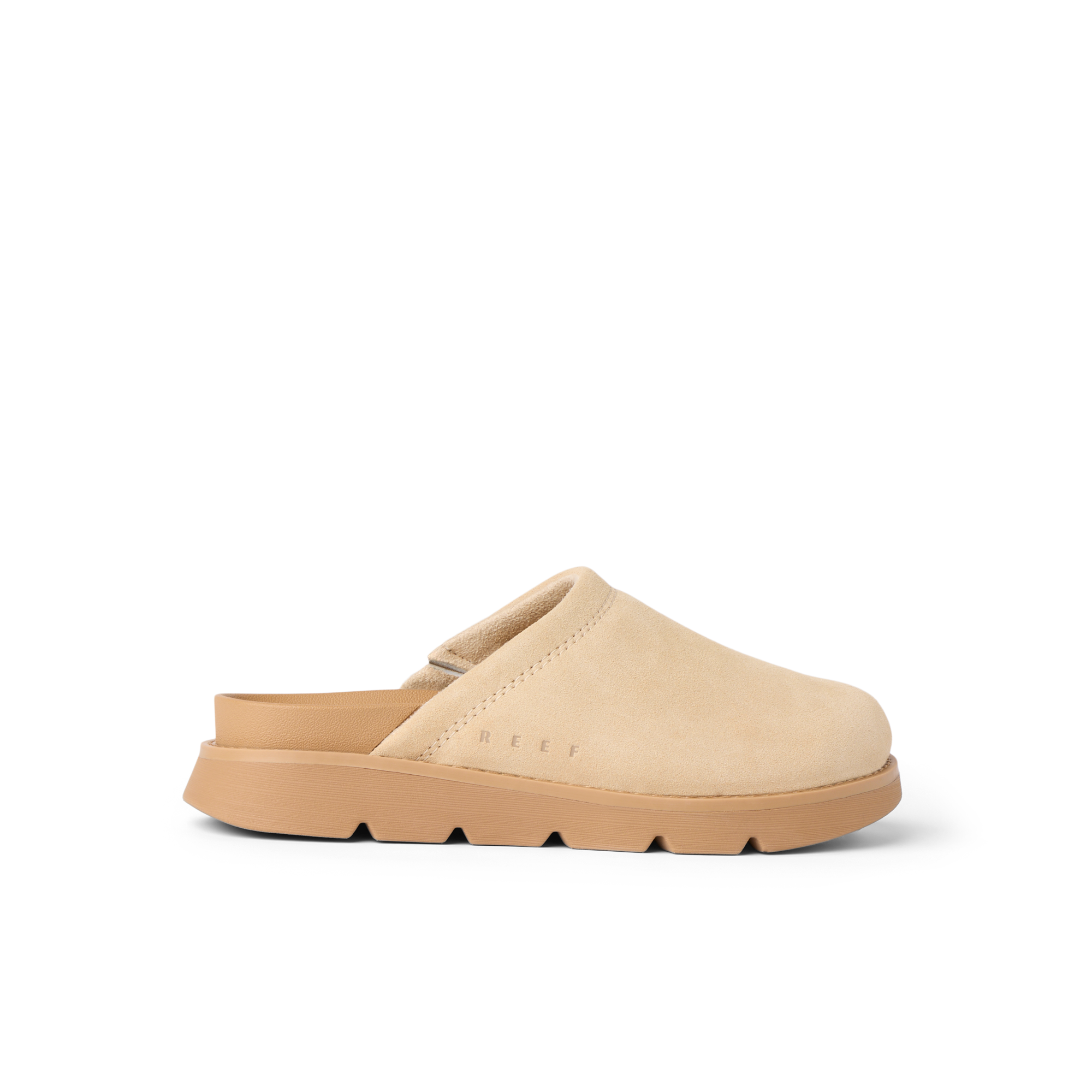 Vista Luxe Mariana clog in warm sand suede, left side view, showcasing closed-toe silhouette and contoured footbed for all-day comfort.