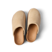 Vista Luxe Mariana clogs shown from above in warm sand suede, highlighting lightweight, arch support, and soft cushioning for all-day comfort.