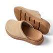 Vista Luxe Mariana clogs in warm sand suede, top and sole views, lightweight with anatomical arch support for all-day comfort.