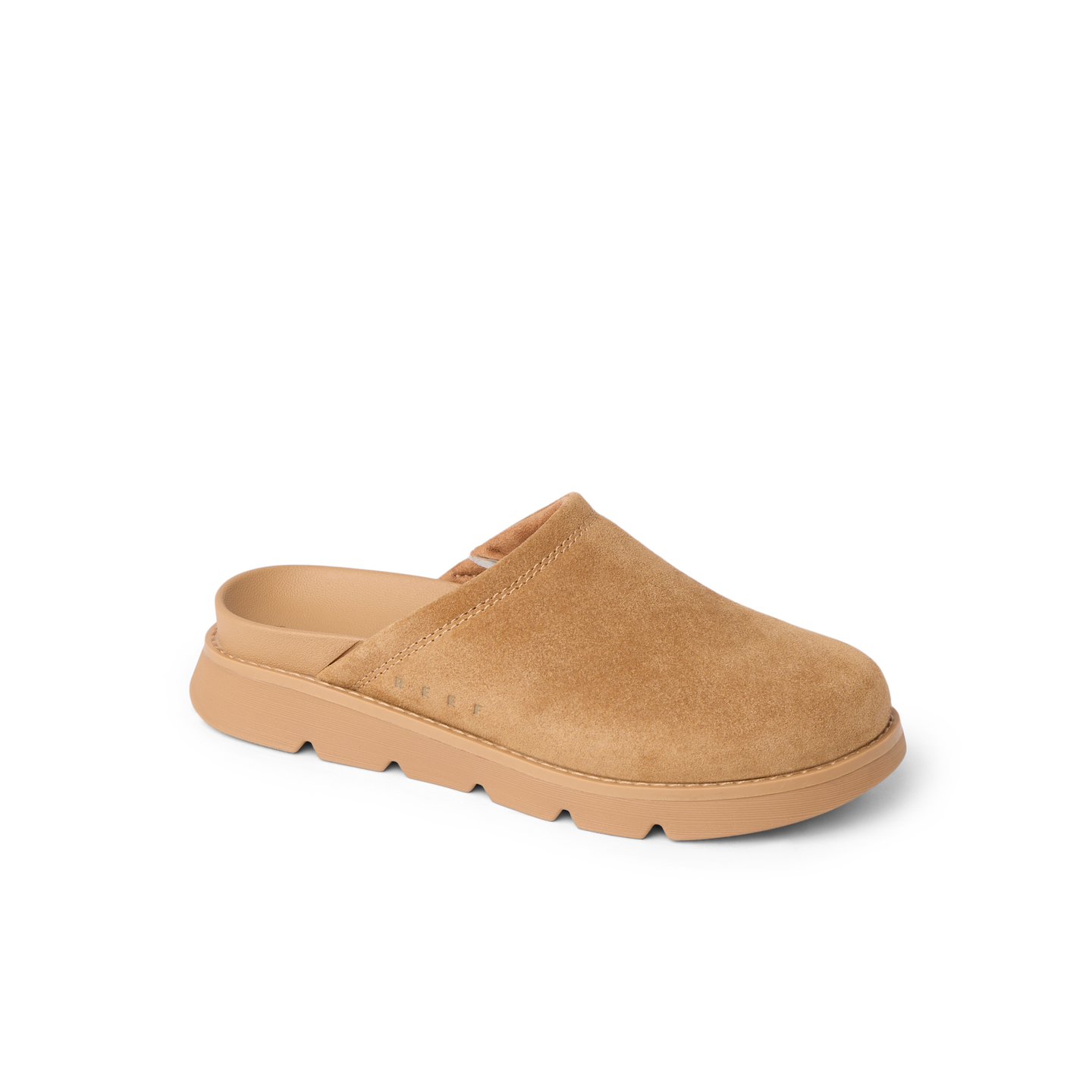 Vista Luxe Mariana clog in tan suede facing left, showing closed toe and comfortable contoured footbed, beach-inspired comfort.