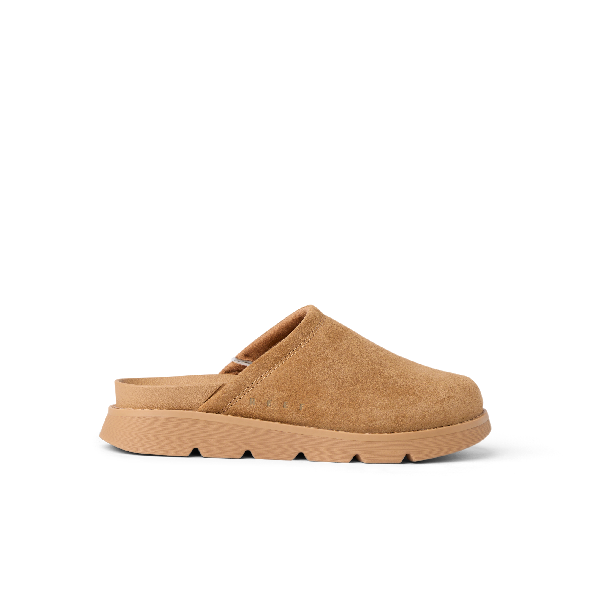 Vista Luxe Mariana clog facing right, tan suede upper with lightweight sole and anatomical arch support, beach-inspired comfort.