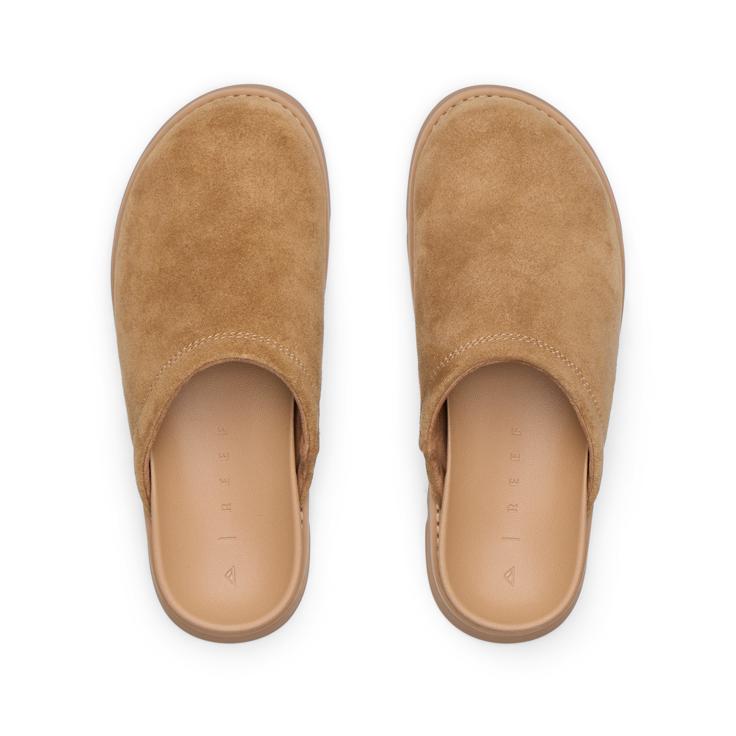 Vista Luxe Mariana clogs in tan suede, top view showing closed-toe design with anatomical arch support for all-day comfort.