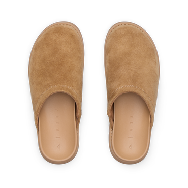 Vista Luxe Mariana clogs in tan suede, top view showing closed-toe design with anatomical arch support for all-day comfort.