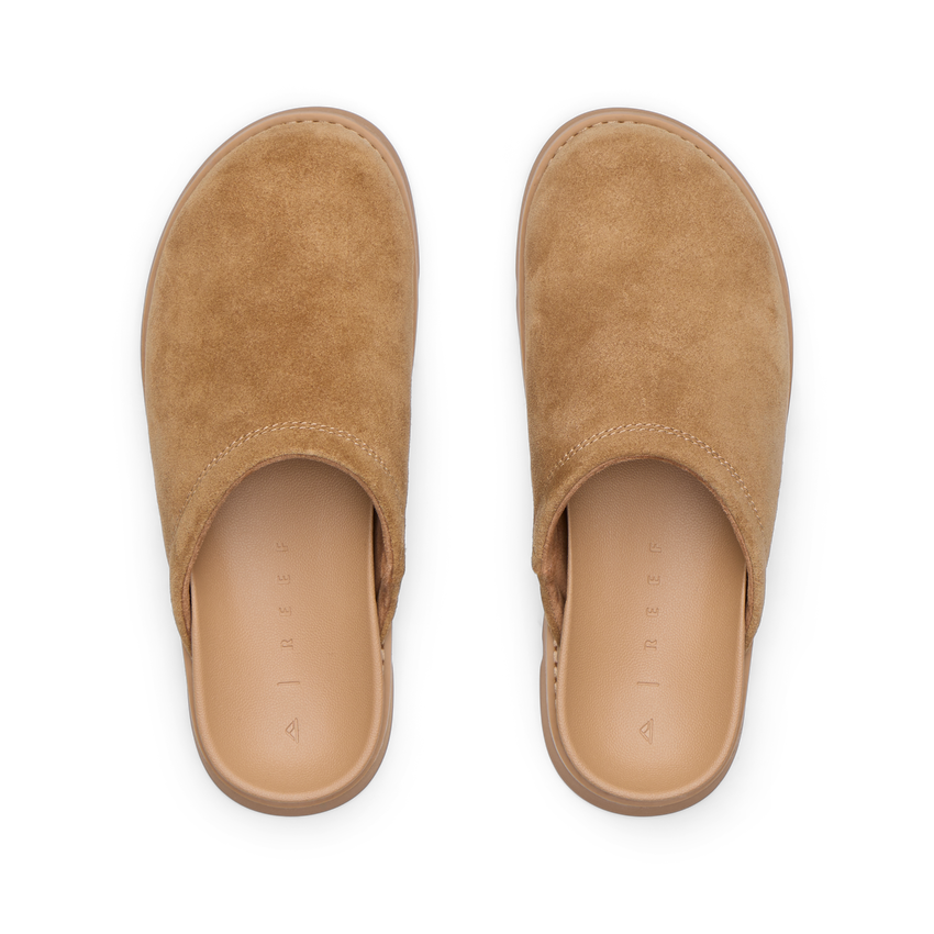 Vista Luxe Mariana clogs in tan suede, top view showing closed-toe design with anatomical arch support for all-day comfort.