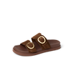 Vista Daphne slide sandal facing right, close-up of brown suede straps with gold buckles, arch support style.