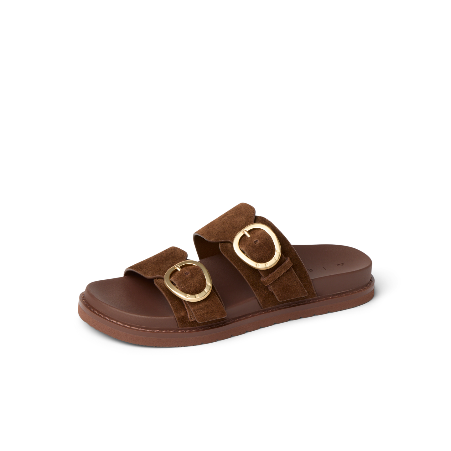 Vista Daphne slide sandal facing right, close-up of brown suede straps with gold buckles, arch support style.