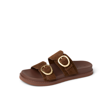 Vista Daphne slide sandal facing right, close-up of brown suede straps with gold buckles, arch support style.