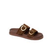 Vista Daphne slide sandal facing right, close-up of adjustable suede straps with gold buckles, featuring arch support.