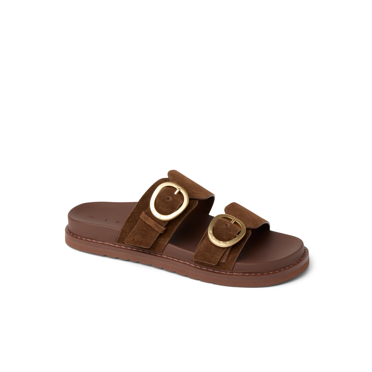 Vista Daphne slide sandal facing right, close-up of adjustable suede straps with gold buckles, featuring arch support.