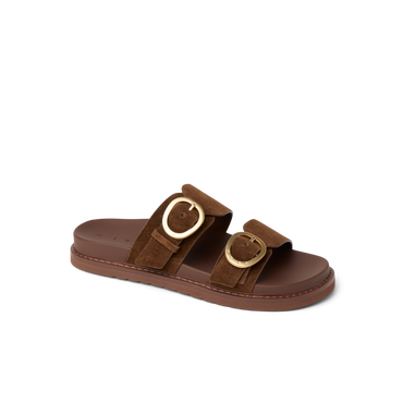 Vista Daphne slide sandal facing right, close-up of adjustable suede straps with gold buckles, featuring arch support.