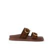 Vista Daphne slide sandal facing right, chocolate suede with adjustable buckles, arch support for all-day beach comfort.