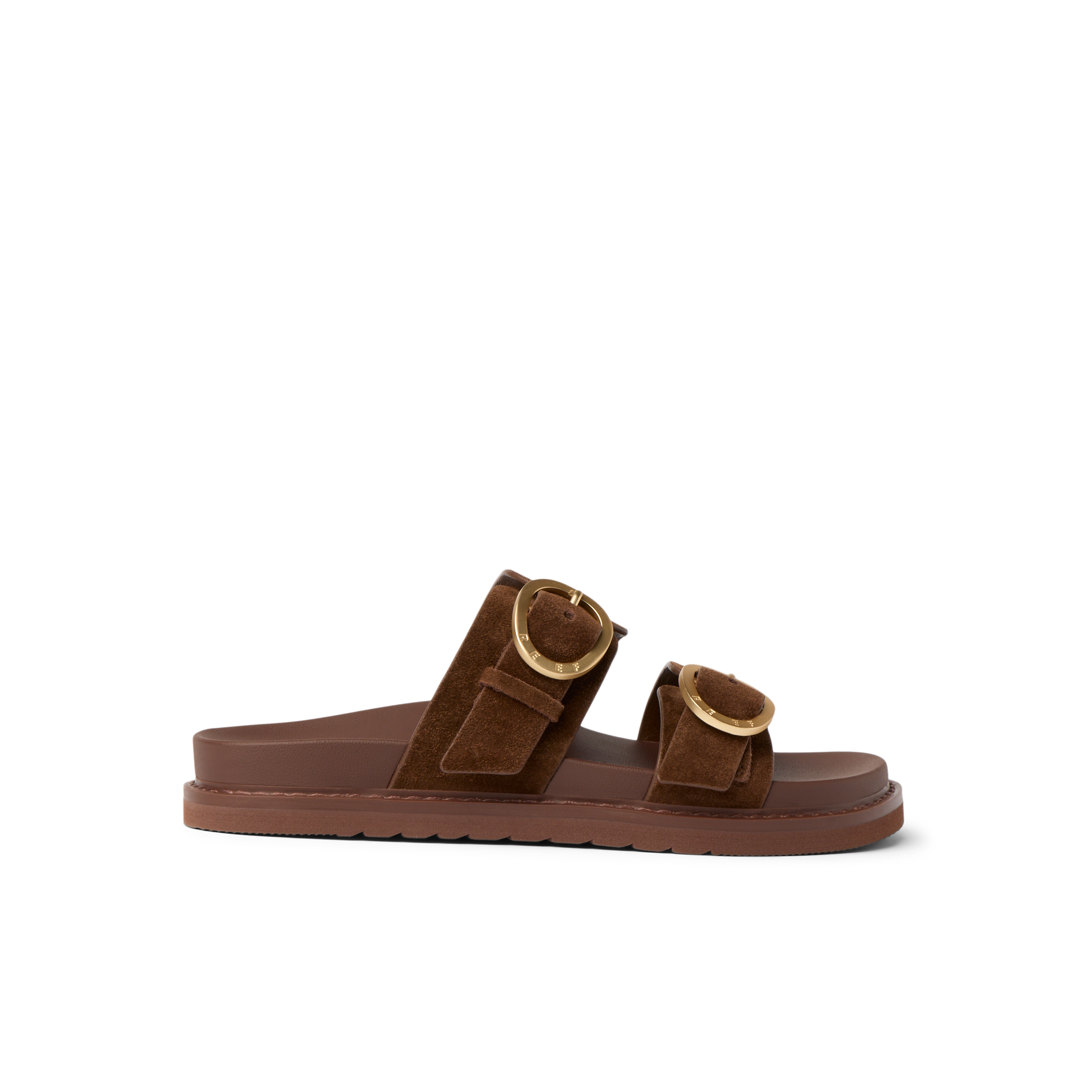 Vista Daphne slide sandal facing right, chocolate suede with adjustable buckles, arch support for all-day beach comfort.