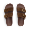 Vista Daphne top view of brown suede adjustable slide sandals with arch support, ideal for beach and everyday comfort.