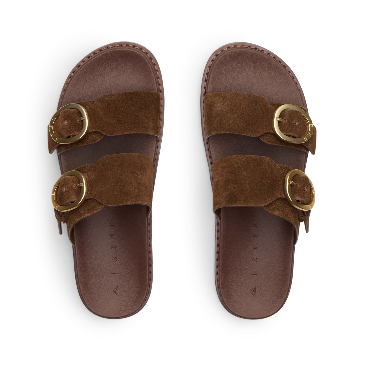 Vista Daphne top view of brown suede adjustable slide sandals with arch support, ideal for beach and everyday comfort.