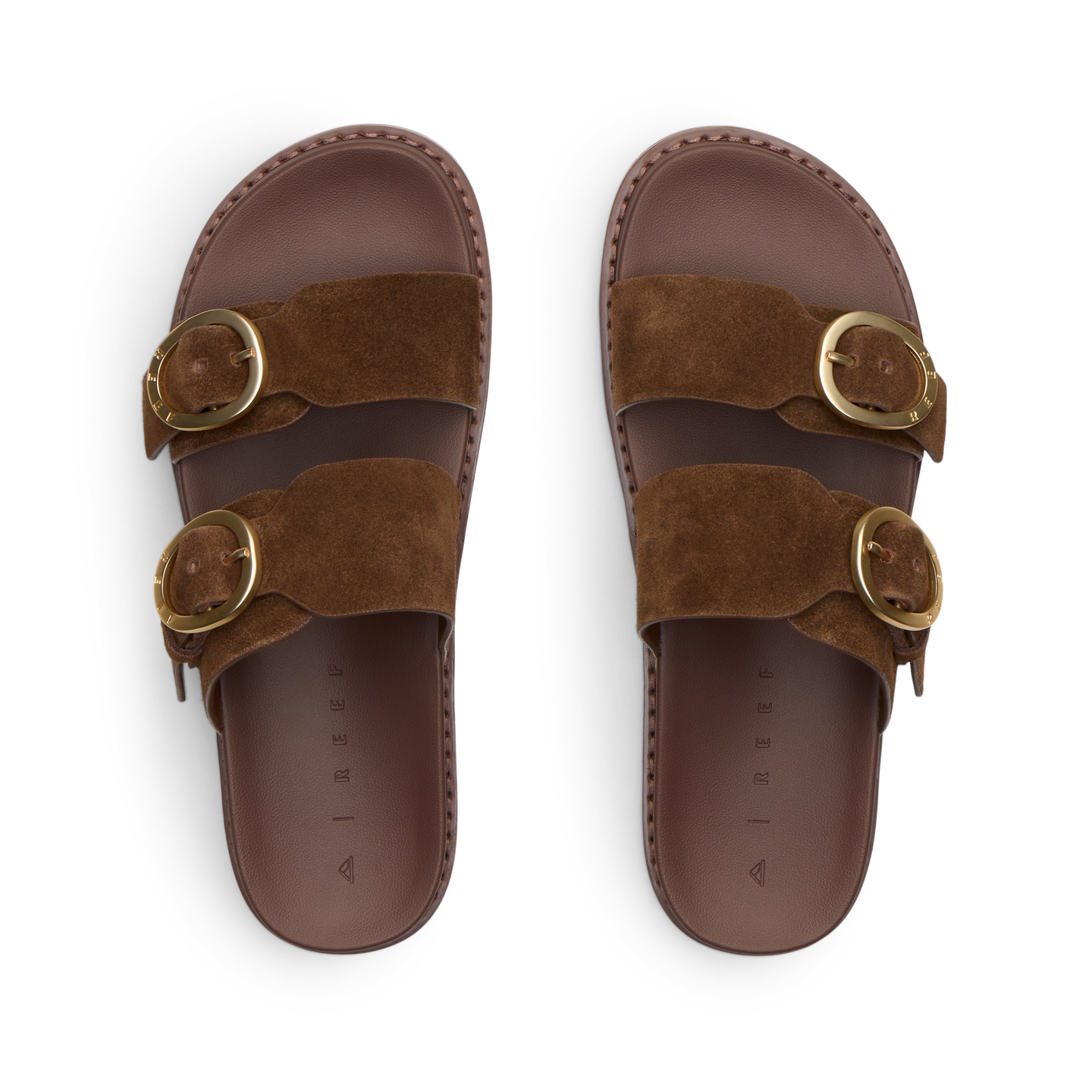 Vista Daphne top view of brown suede adjustable slide sandals with arch support, ideal for beach and everyday comfort.