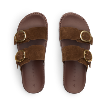 Vista Daphne top view of brown suede adjustable slide sandals with arch support, ideal for beach and everyday comfort.