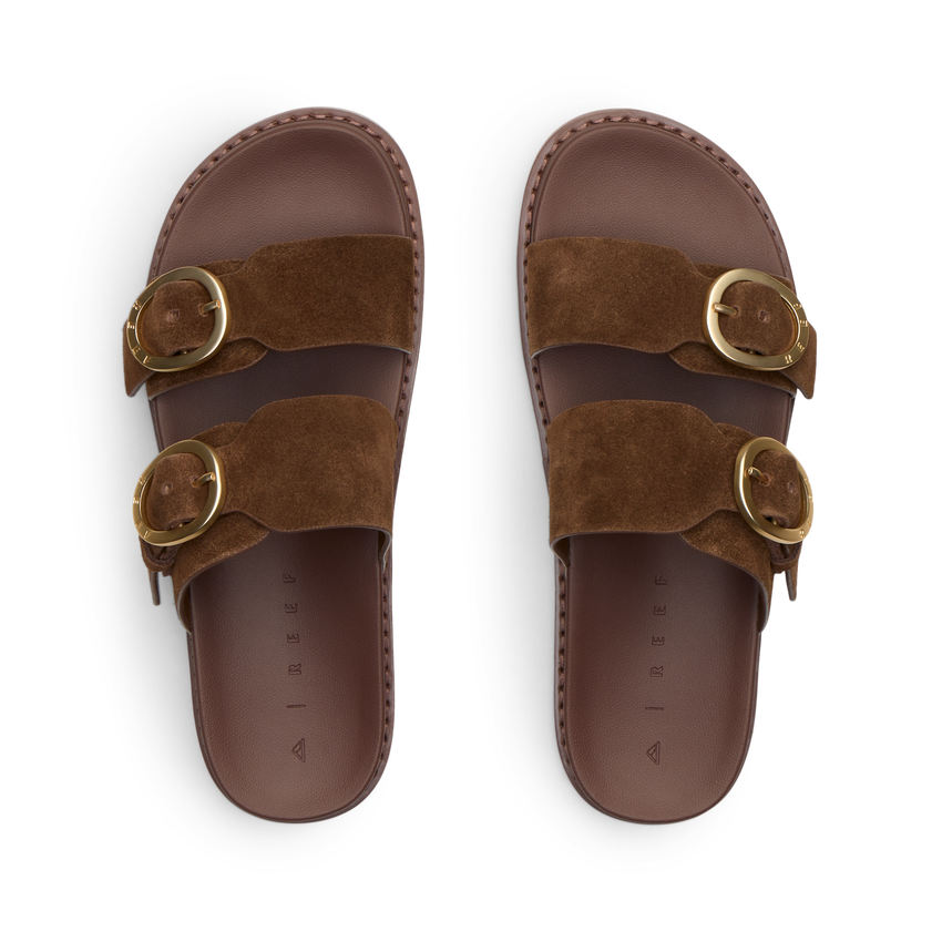 Vista Daphne top view of brown suede adjustable slide sandals with arch support, ideal for beach and everyday comfort.