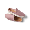 Coastal Breeze women's slip-on shoes in pale mauve facing right, close-up of soft suede upper and cork footbed.