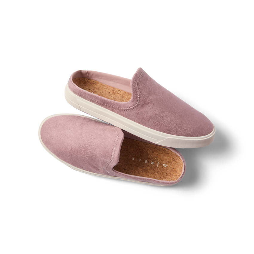 Coastal Breeze women's slip-on shoes in pale mauve facing right, close-up of soft suede upper and cork footbed.