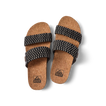 Top view of Cushion Vista women's sandals facing up with cushioned cork footbed and black textile straps for beach comfort.