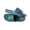 Pair of teal marble Fanning Slide H2O sandals for men, left sandal facing right, right sandal sole-up close-up view.