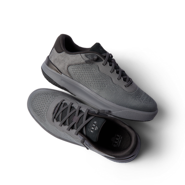 Pair of Shoreline Del Mar men's grey sneakers with knitted uppers shown from side and top angles, highlighting comfort design.