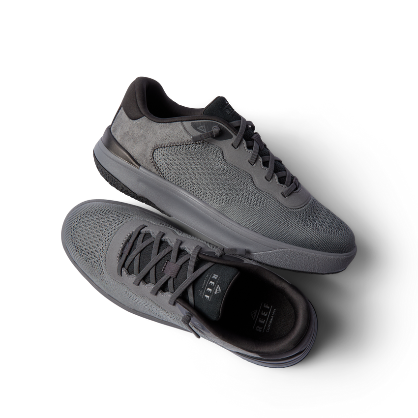 Pair of Shoreline Del Mar men's grey sneakers with knitted uppers shown from side and top angles, highlighting comfort design.