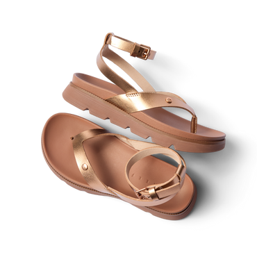 Vista Luxe Sierra women's sandals facing right, close-up on upper straps and cushioned footbed in bronze tone.