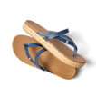 Vista Carmen women's sandals in navy and tan facing left, featuring soft-rebound cushioning and anatomical arch support.