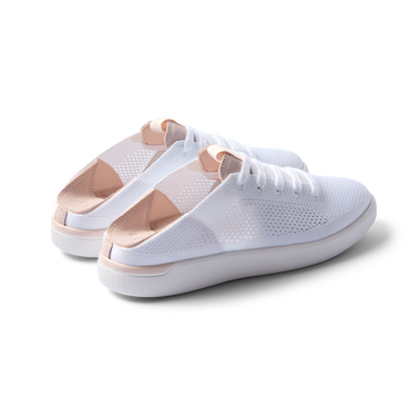 Reef Neptune women's white blush sneakers facing right, showing heel and side with breathable knit upper and cushioned sole.