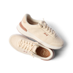 Pair of Shoreline Palisades sneakers in mocha mousse, right shoe facing right, left shoe top view showing arch support insole.