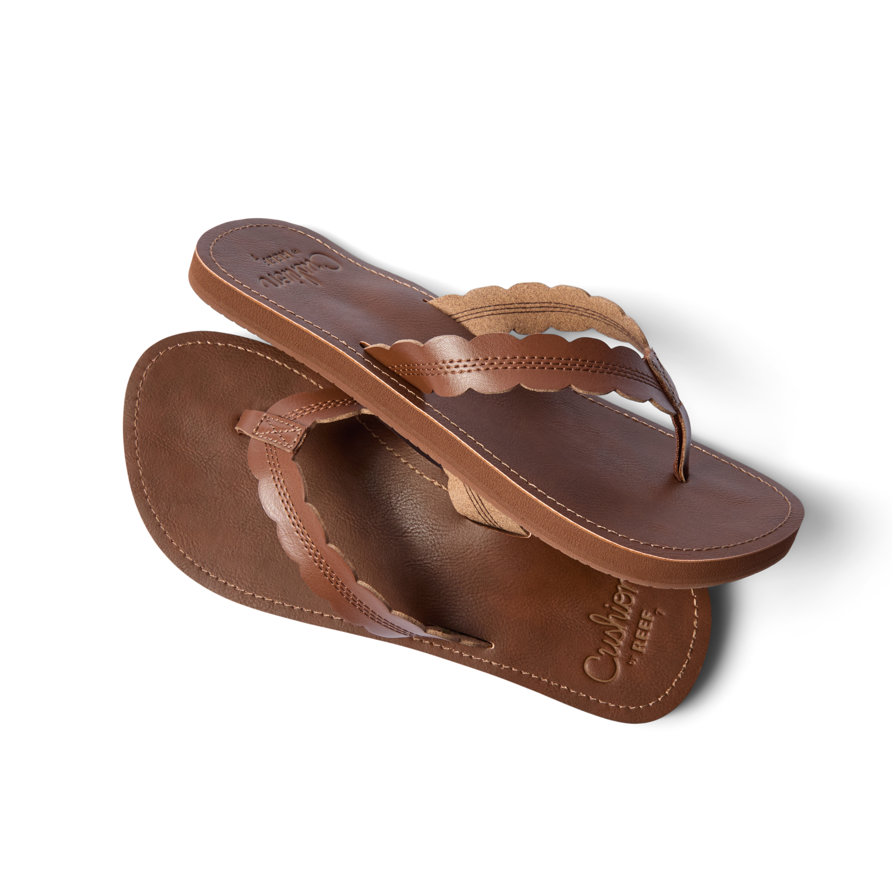 Reef Cushion Celine women’s sandals in chocolate brown, top and side view showing cushioned footbed and arch support.