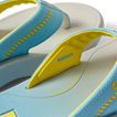 Close-up of Cruiser men's blue and yellow surf-inspired flip flops showing anatomical arch support and shock pad features facing right.