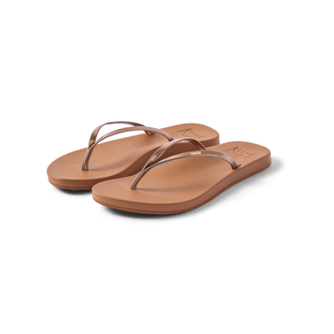 Pair of Cushion Slim women's sandals facing right, close-up of soft-rebound cushioned footbed and bronze brown straps.
