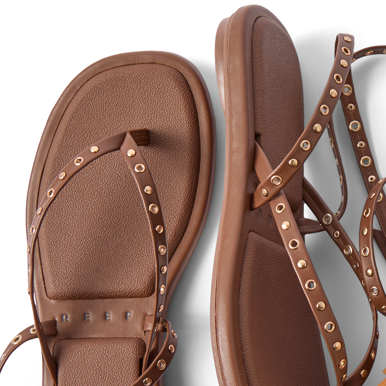Willow Quinn Studs brown sandals facing up and right showing studded straps and cushioned footbeds for comfort