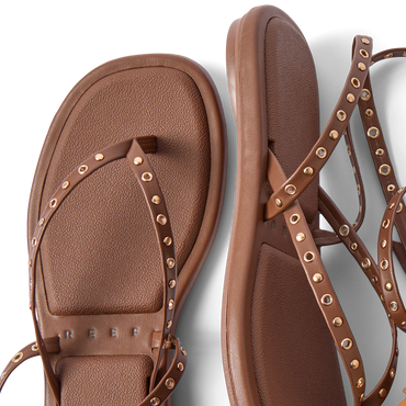 Willow Quinn Studs brown sandals facing up and right showing studded straps and cushioned footbeds for comfort